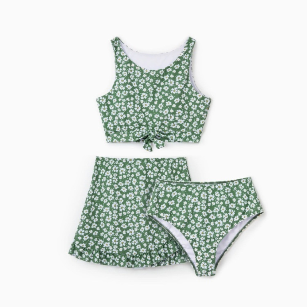 Daisy Print Green 3-piece Ruffle Swimsuit with Coverup Skirt